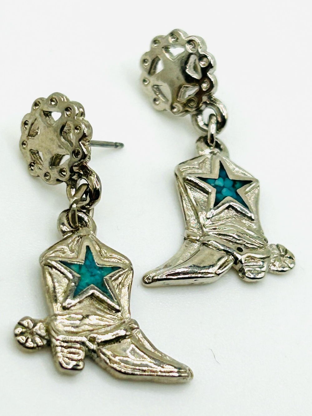 Western Cowboy boot earrings rustic faux turquoise rodeo Lone Star Cowgirl spurs